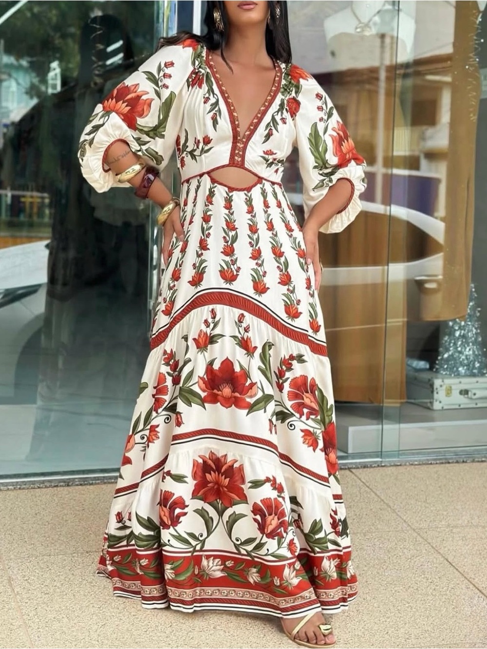 FARM Rio Maxi Dress with Red Floral Print Size M